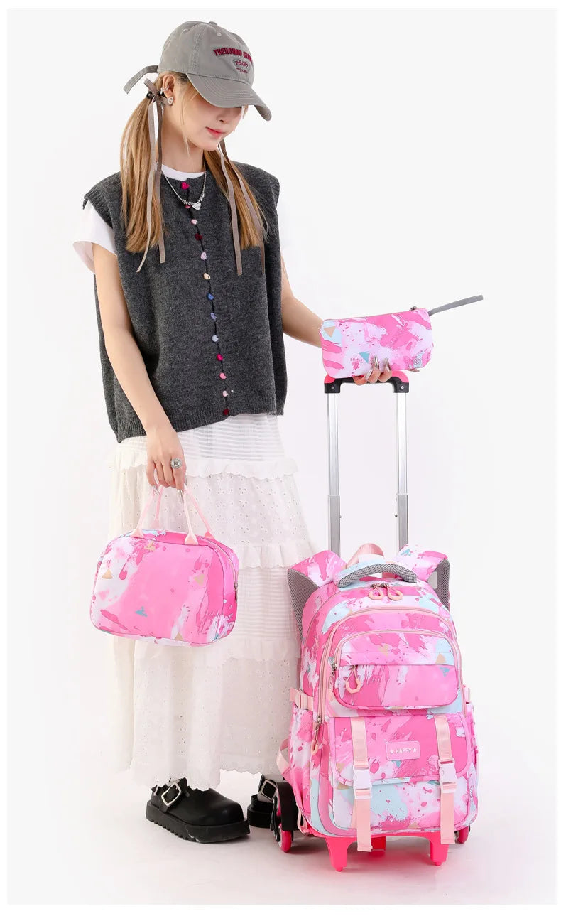 Mochila escolar com rodas para crianças, Mochila rolante para meninas, Mochila de rodas de estudante, Carrinho de viagem