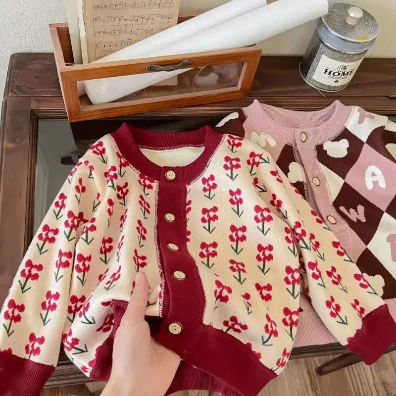 Jaqueta acolchoada de pele de manga comprida infantil, casaco bonito das meninas, padrão xadrez de cereja doce, cardigan quente, outwear infantil, outono, 1-7t