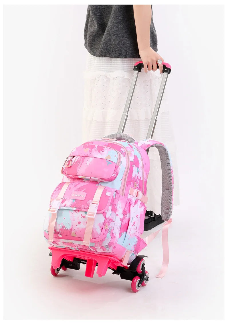 Mochila escolar com rodas para crianças, Mochila rolante para meninas, Mochila de rodas de estudante, Carrinho de viagem