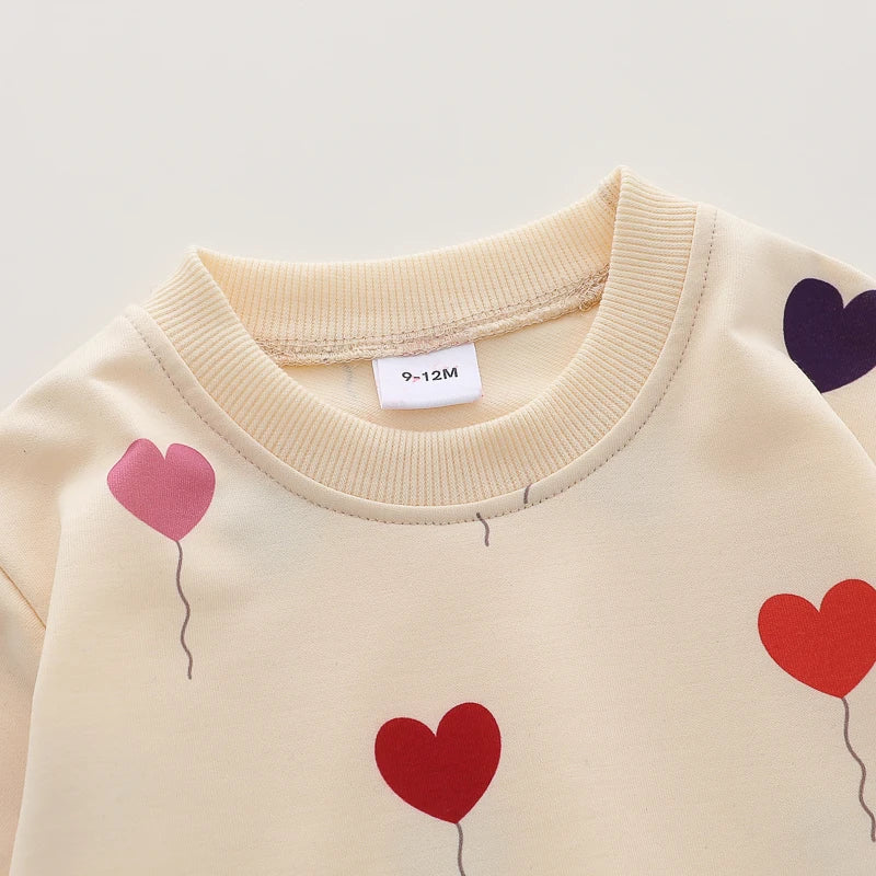 Conjunto infantil de calças de manga comprida, moda amor balão, estampa completa, primavera e outono, 2 peças