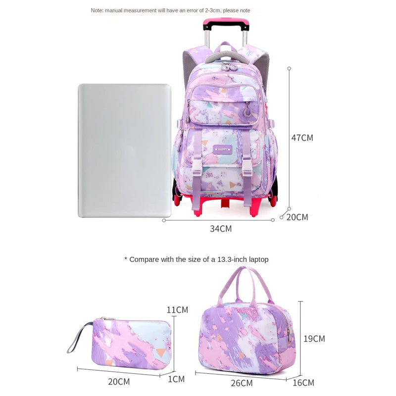 Mochila escolar com rodas para crianças, Mochila rolante para meninas, Mochila de rodas de estudante, Carrinho de viagem