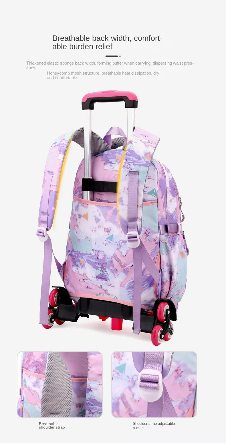 Mochila escolar com rodas para crianças, Mochila rolante para meninas, Mochila de rodas de estudante, Carrinho de viagem
