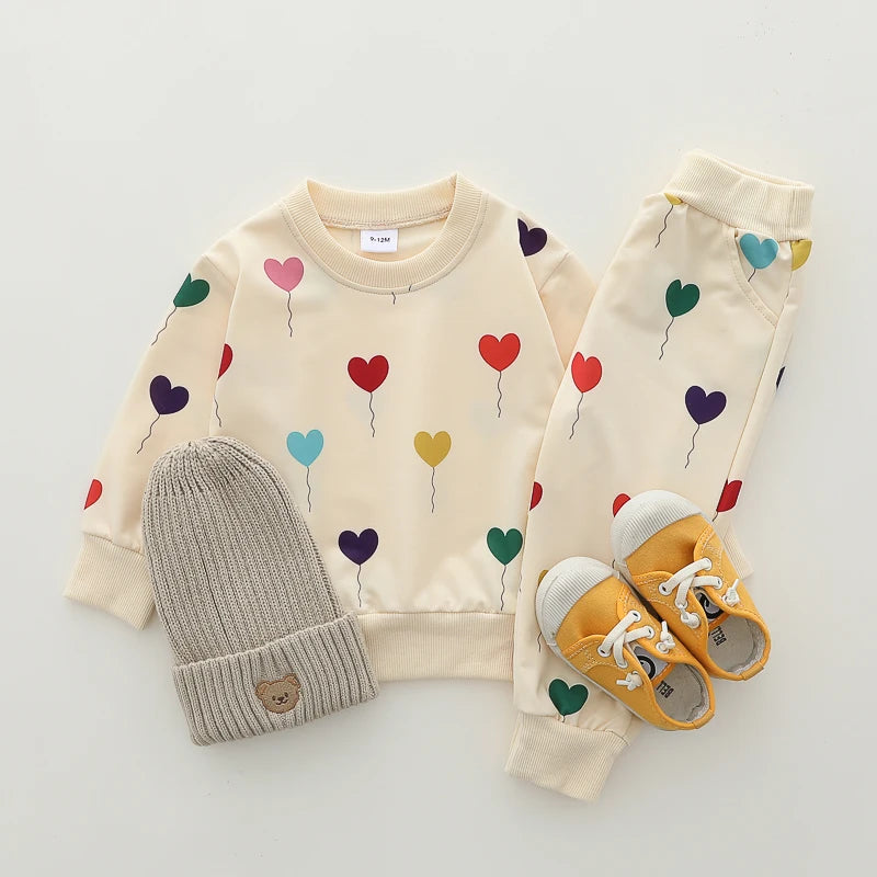 Conjunto infantil de calças de manga comprida, moda amor balão, estampa completa, primavera e outono, 2 peças