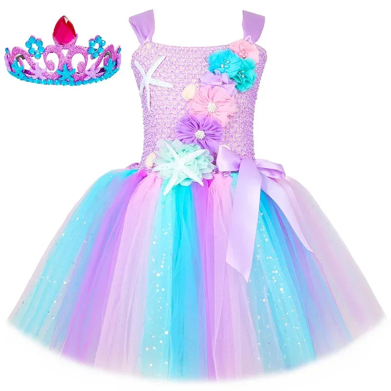 Vestido princesa sereia para meninas, Flores pastel, Festa de aniversário, Vestidos Tutu, Halloween, Pequena sereia fantasia para crianças, Roupas