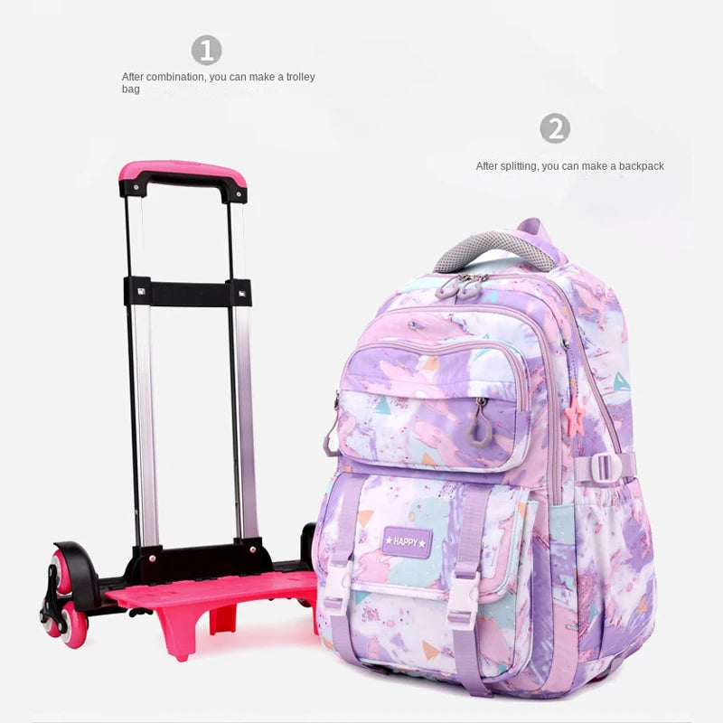 Mochila escolar com rodas para crianças, Mochila rolante para meninas, Mochila de rodas de estudante, Carrinho de viagem