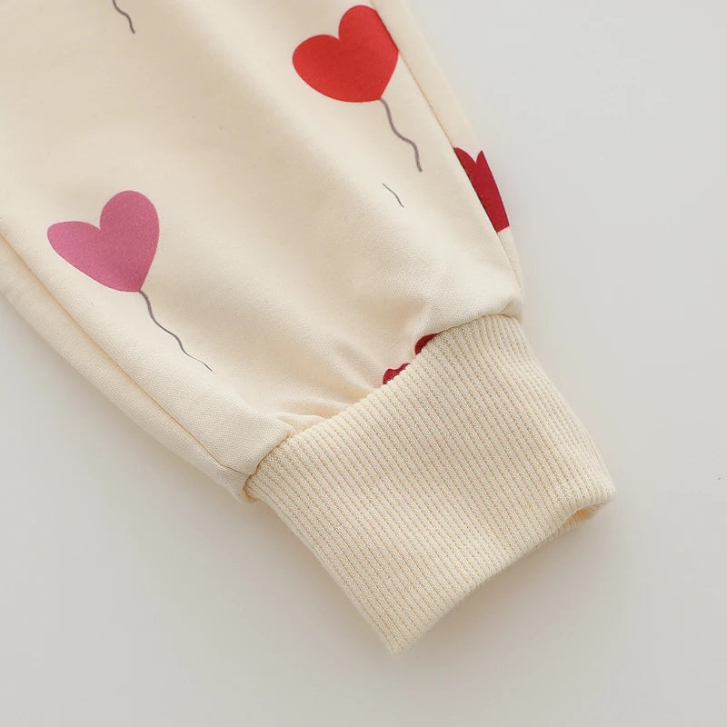 Conjunto infantil de calças de manga comprida, moda amor balão, estampa completa, primavera e outono, 2 peças