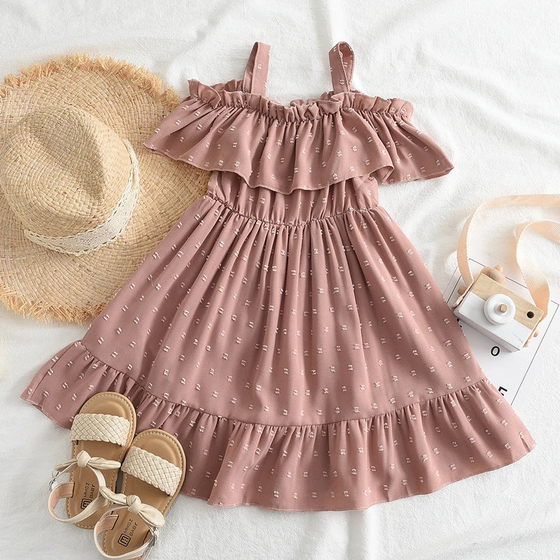 Bear Leader Jacquard Baby Girls Dresses Casual Ruffles Suspender Vestido Crianças Roupas Cor Sólida Boat Neck A line Princess Dress