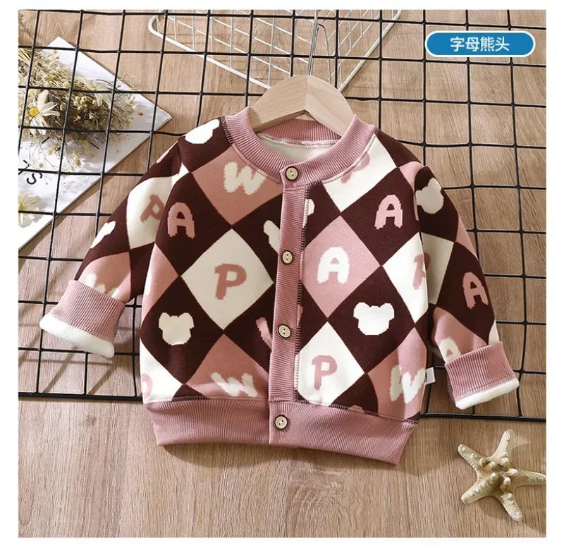 Jaqueta acolchoada de pele de manga comprida infantil, casaco bonito das meninas, padrão xadrez de cereja doce, cardigan quente, outwear infantil, outono, 1-7t