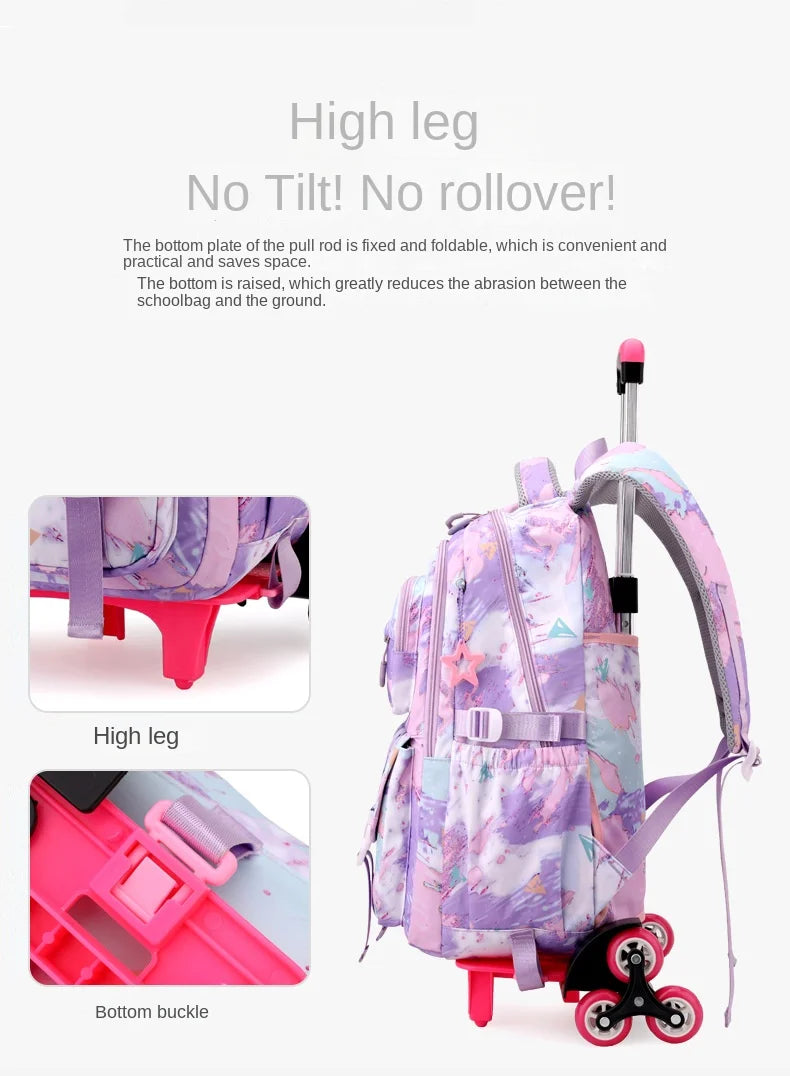 Mochila escolar com rodas para crianças, Mochila rolante para meninas, Mochila de rodas de estudante, Carrinho de viagem