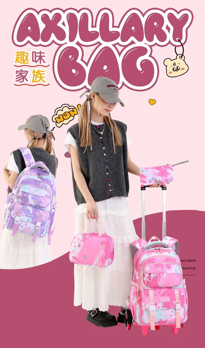 Mochila escolar com rodas para crianças, Mochila rolante para meninas, Mochila de rodas de estudante, Carrinho de viagem