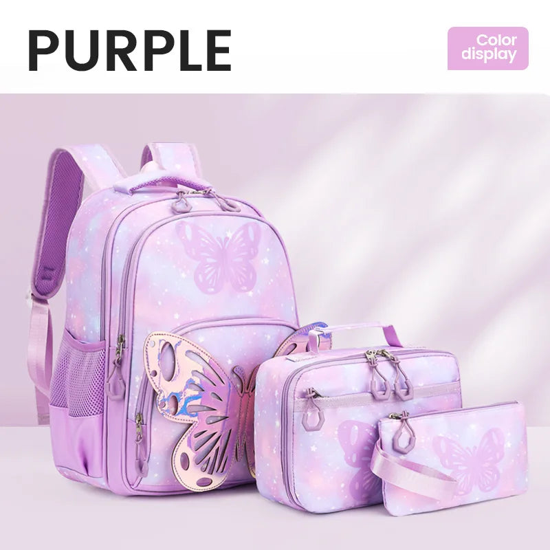 Bookbag de borboleta com lancheira para adolescentes, Lápis Bag Set, Mochila Laptop de Viagem, Ele também está de volta à mochila escolar