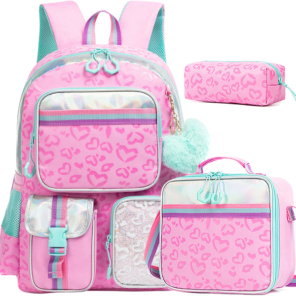 Mochila Multifuncional Coração Meninas com Estojo e Lancheira