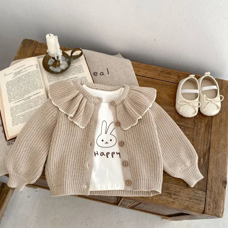 Novo outono 0-3y crianças menina camisola casaco sólido plissado retalhos gola redonda único breasted malha topos cardigan do bebê e83272