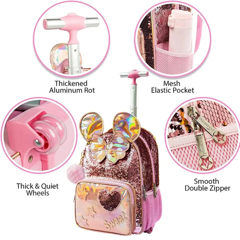 Mochila Escolar com Rodinhas 3 em 1 para Meninas