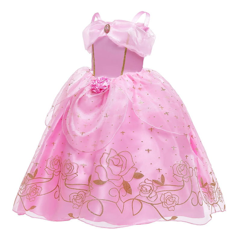 Vestido de princesa rosa aurora para meninas, fantasia cosplay beleza adormecida, estampa floral rosa, vestido elegante para crianças de 2 a 10 anos, verão