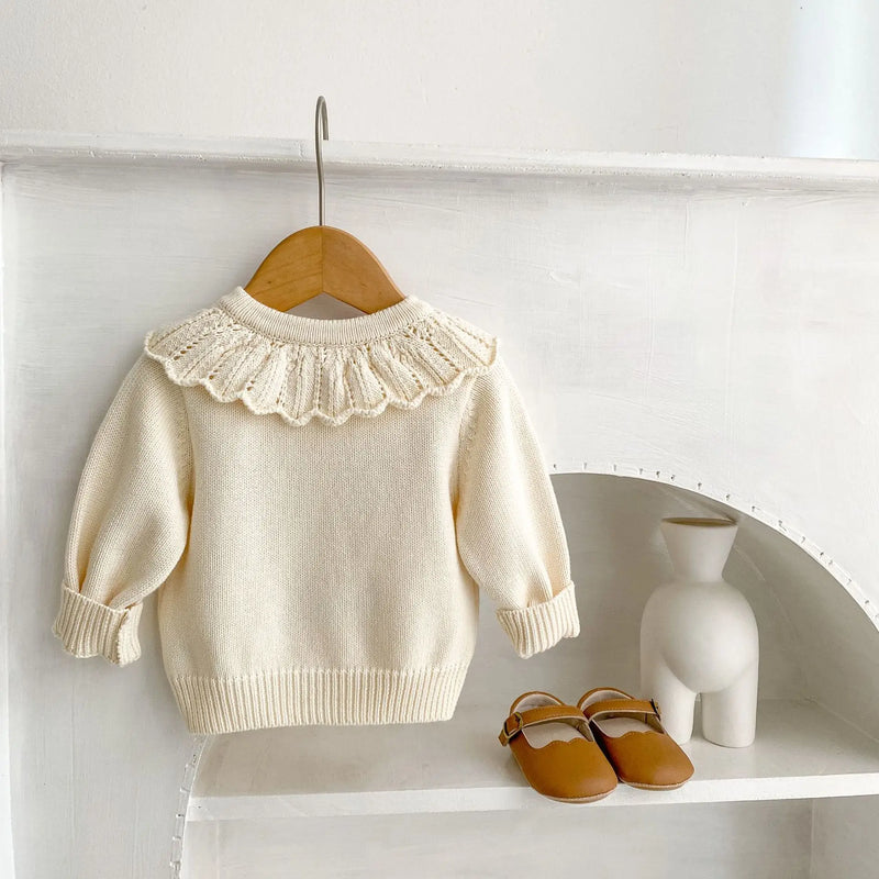 Cardigan de malha versátil para crianças, casaco menina, algodão puro, bordado flor, colarinho de lótus, outono