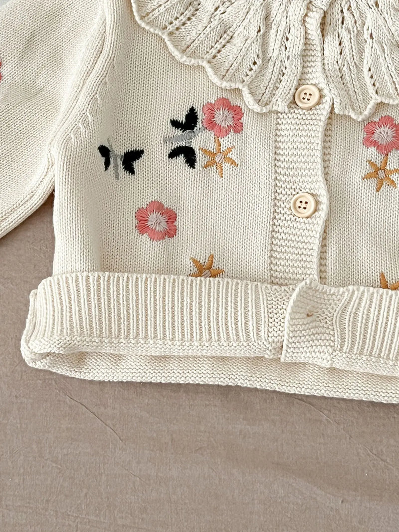 Cardigan de malha versátil para crianças, casaco menina, algodão puro, bordado flor, colarinho de lótus, outono