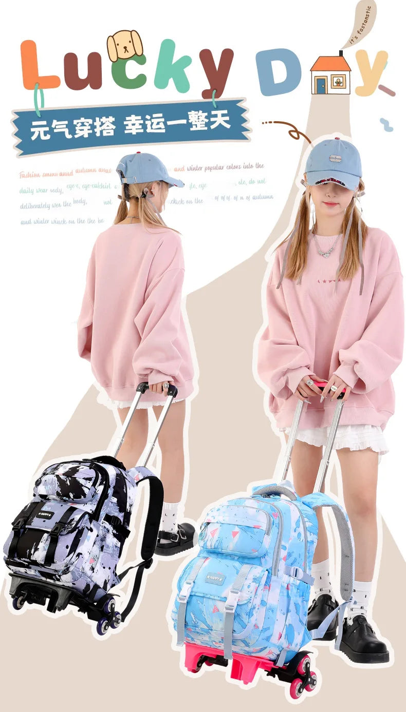 Mochila escolar com rodas para crianças, Mochila rolante para meninas, Mochila de rodas de estudante, Carrinho de viagem