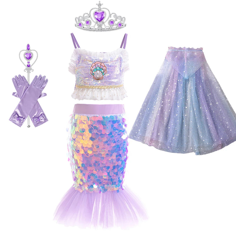 Little Mermaid Cosplay Dress com lantejoulas para meninas, fantasia de duas peças, vestido sem mangas, personagens sob o mar, vestido de baile, roupas de carnaval