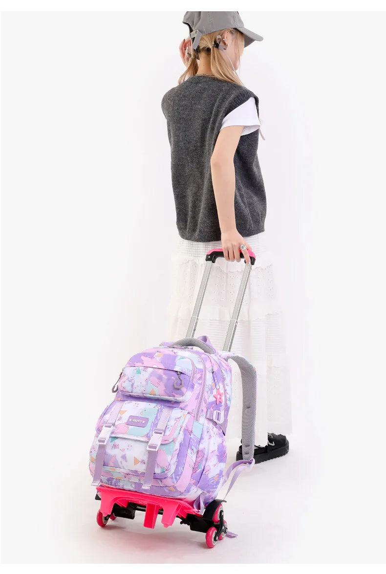Mochila escolar com rodas para crianças, Mochila rolante para meninas, Mochila de rodas de estudante, Carrinho de viagem