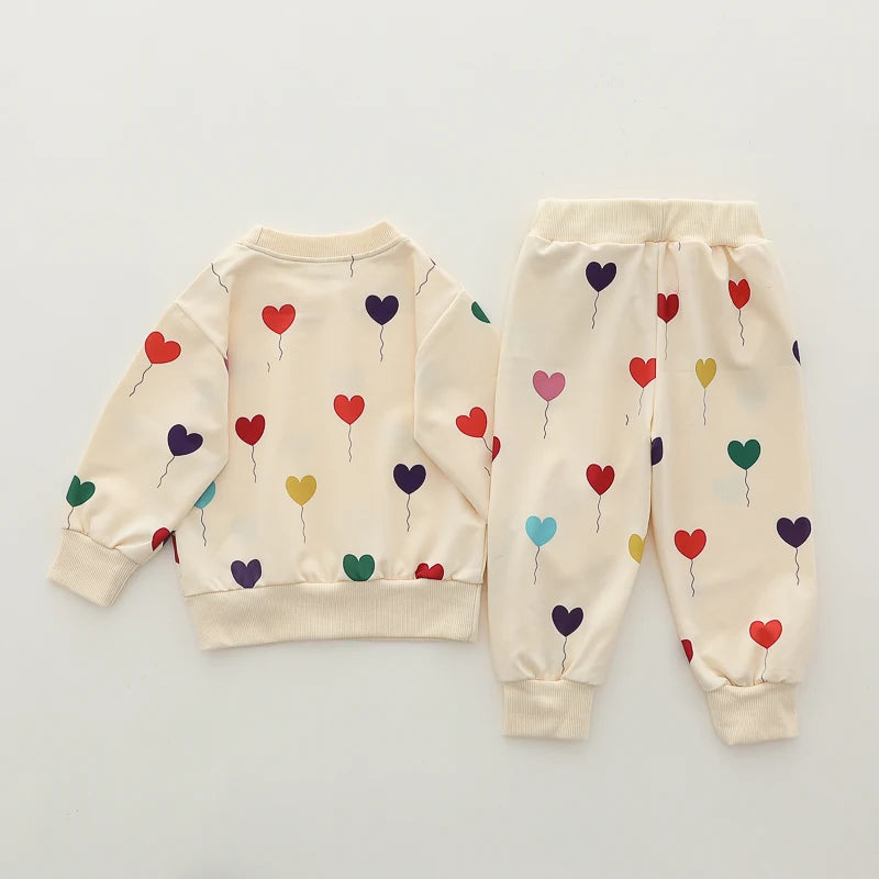 Conjunto infantil de calças de manga comprida, moda amor balão, estampa completa, primavera e outono, 2 peças