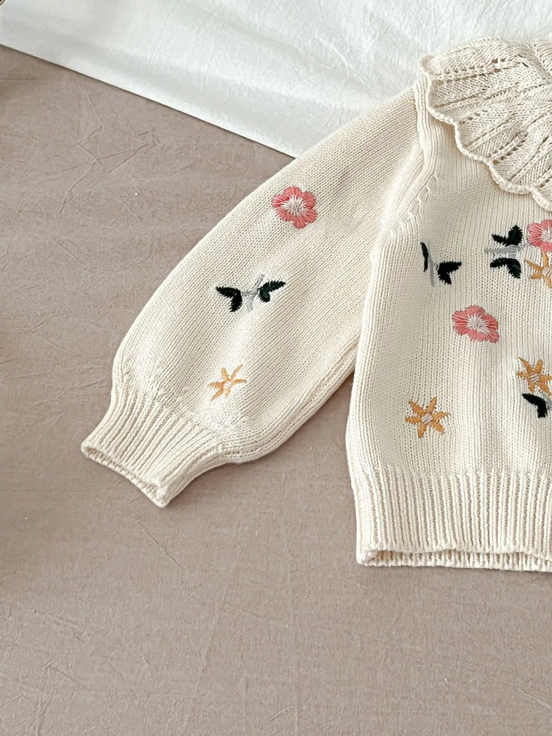 Cardigan de malha versátil para crianças, casaco menina, algodão puro, bordado flor, colarinho de lótus, outono