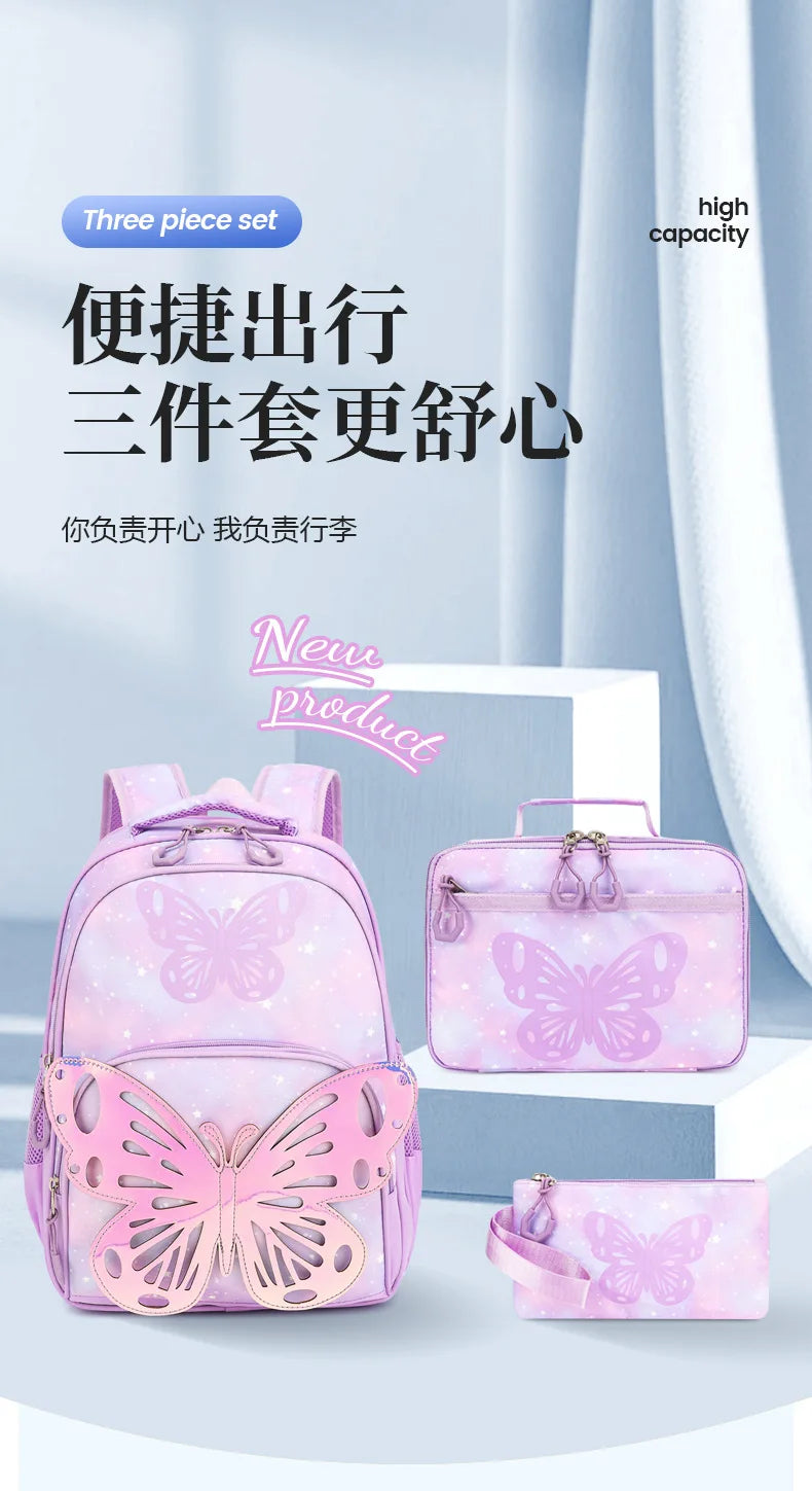 Bookbag de borboleta com lancheira para adolescentes, Lápis Bag Set, Mochila Laptop de Viagem, Ele também está de volta à mochila escolar
