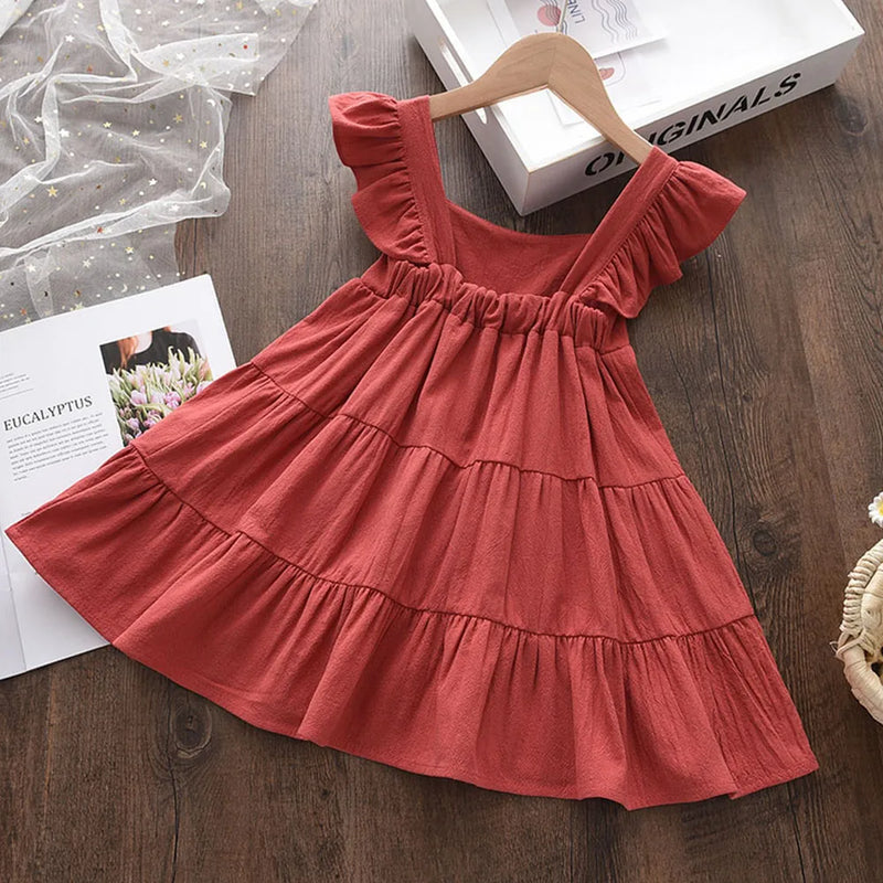 Bear Leader-Sleeveless Ruffles Princess Dress for Kids, cor sólida, casual, infantil, bebê, menina, roupas infantis, fofo, coreano, verão, novo, 2023