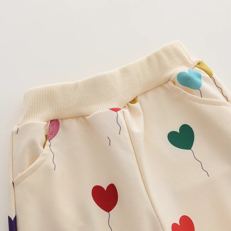 Conjunto infantil de calças de manga comprida, moda amor balão, estampa completa, primavera e outono, 2 peças