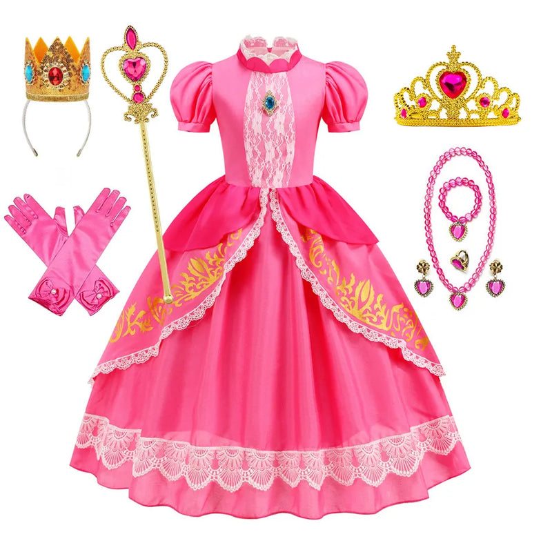 Peach Bros Lace vestido de baile para crianças, fantasia Cosplay para meninas, roupa de princesa fofa para crianças, jogo Vedio, Halloween, vestido, 2 a 10 anos